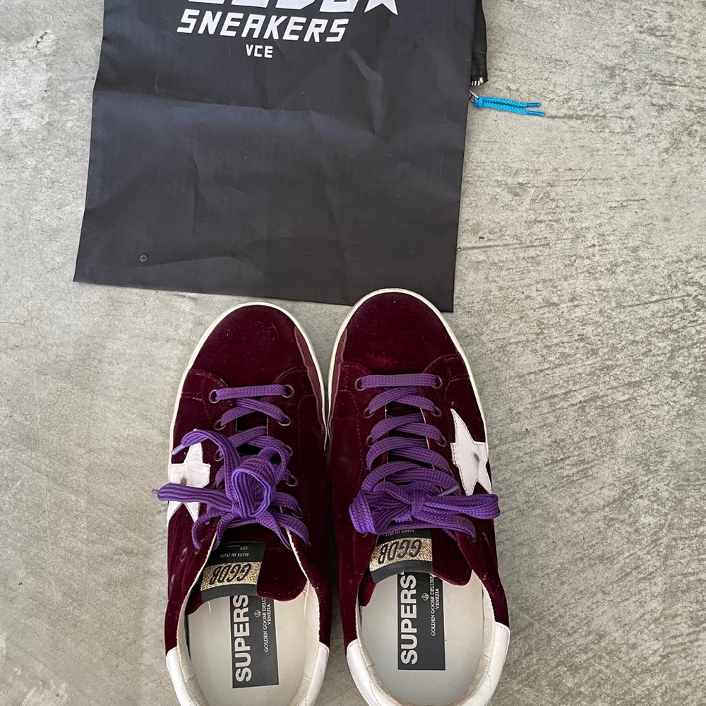 Golden Goose burgundy velvet Super Star sneakers. - Picture 9 of 9